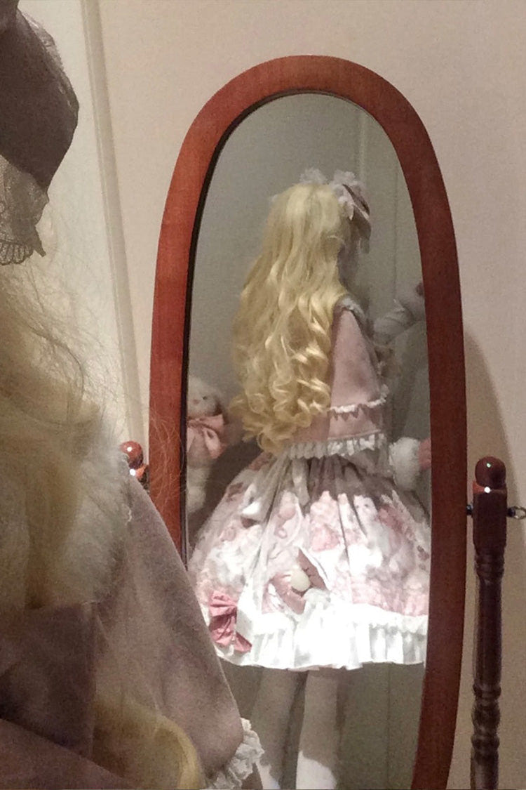 Pink [Sweet Dessert Cat] Print Ruffle Bowknot Lace Sweet Princess Lolita Dress Set - Product - 15