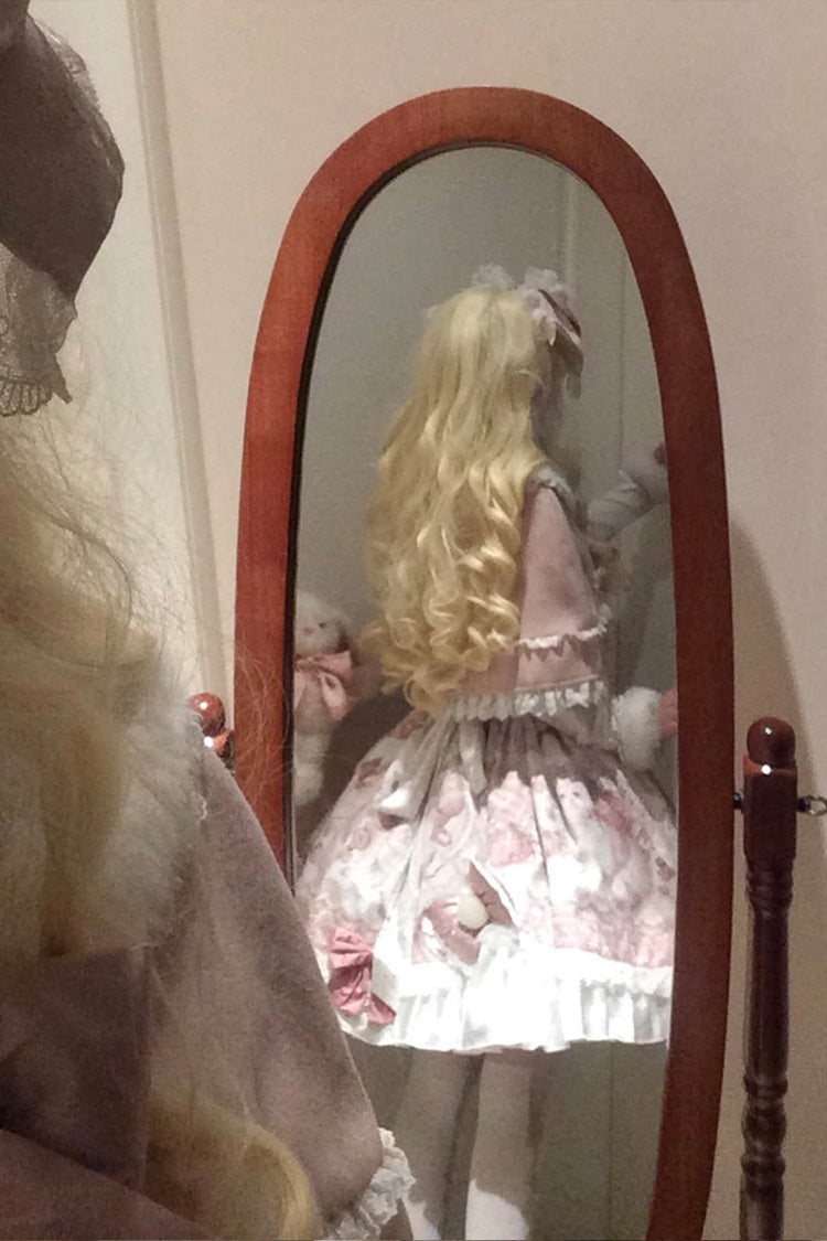 Pink [Sweet Dessert Cat] Print Ruffle Bowknot Lace Sweet Princess Lolita Dress Set - Product - 15
