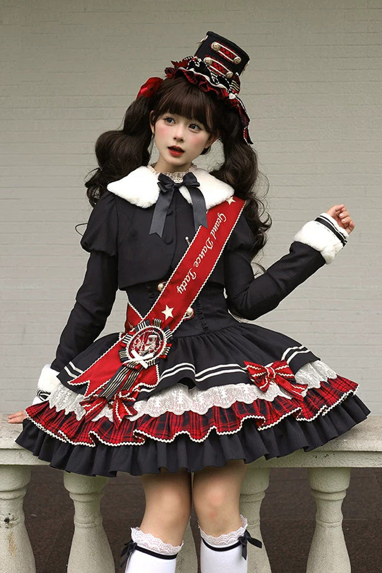 Black [Honor Guard Gala] V Collar Multi-Layered Printed Ruffled Bow Classic Gothic College Style Lolita Jsk Dress - Product - 15
