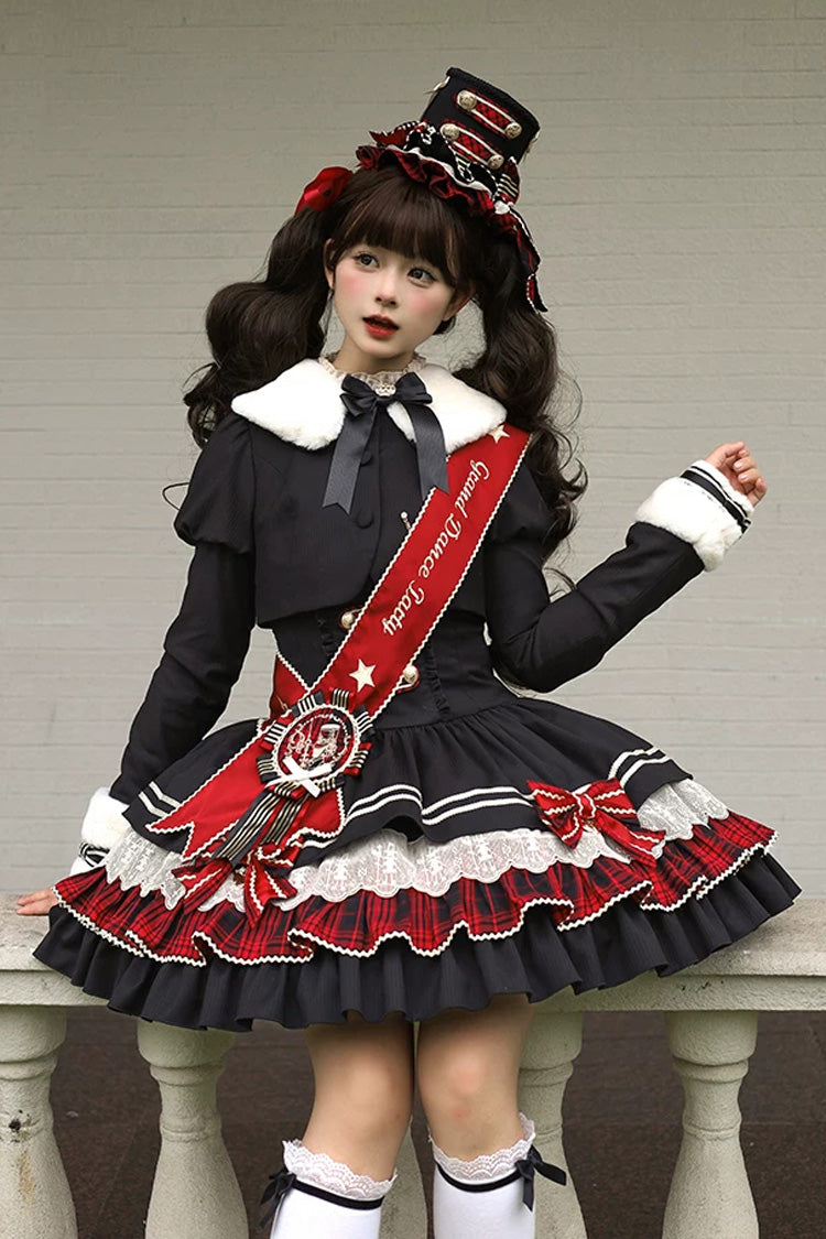 Black [Honor Guard Gala] V Collar Multi-Layered Printed Ruffled Bow Classic Gothic College Style Lolita Jsk Dress - Product - 15
