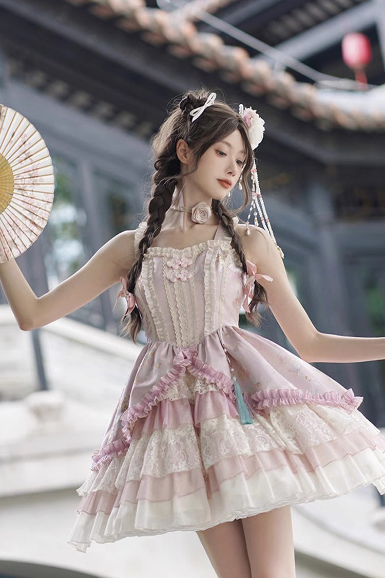 Pink Multi-Layered Ruffle Cardigan Lace Sweet Chinese Style Lolita Jsk Dress - Product - 9