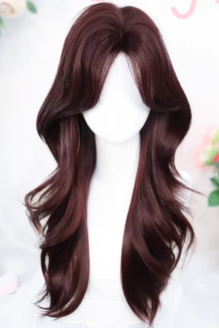 Wine Red Curtain Bangs Soft Long Curls Sweet Lolita Wig - Wine-Red - 1