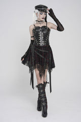 Black/Red Double-Layered Lace Lace-Up Irregular Mesh Eyelet Women's Punk Skirt - Product - 2