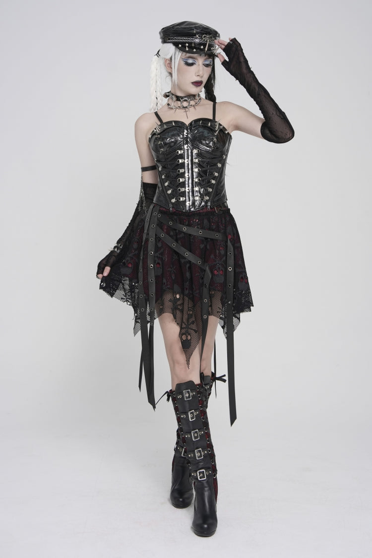 Black/Red Double-Layered Lace Lace-Up Irregular Mesh Eyelet Women's Punk Skirt - Product - 2