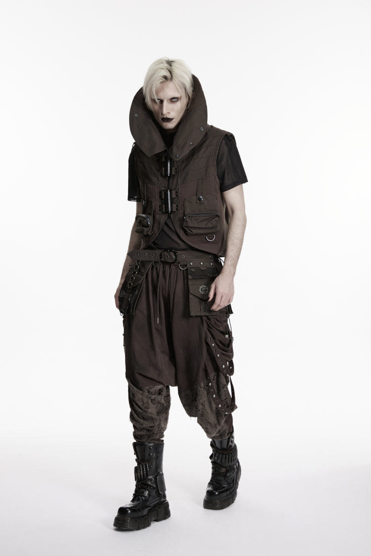 Black Stand Collar Sleeveless Men's Punk Patch Pockets Convertible Collar Vest Vest - Product - 4