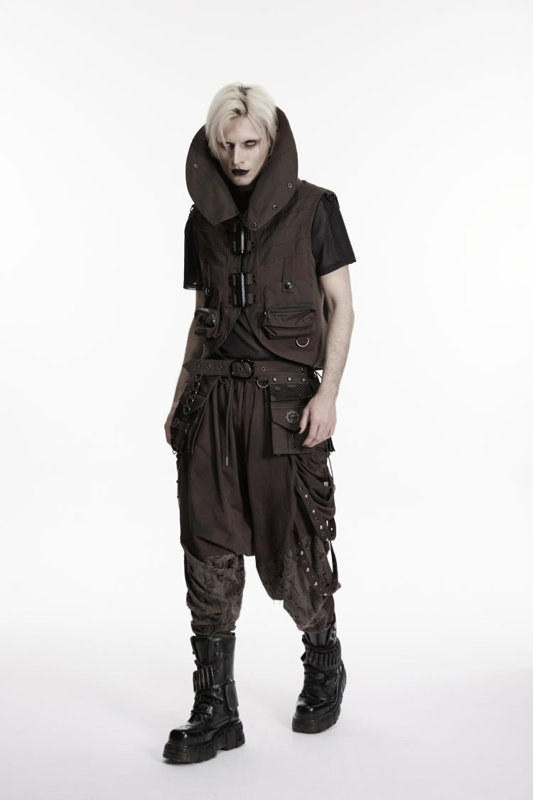 Black Stand Collar Sleeveless Men's Punk Patch Pockets Convertible Collar Vest Vest - Product - 4