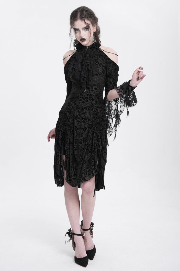 Black Off Shoulder Drawstring Jacquard Embroidery Women's Gothic Party Dress - Product - 5