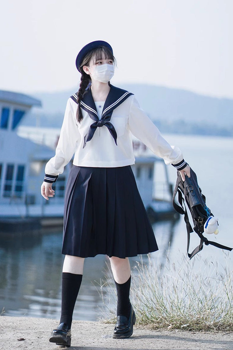 White/Dark Blue Long Sleeves Sweet Japanese School Skirt Set - Product - 13