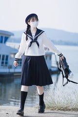 White/Dark Blue Long Sleeves Sweet Japanese School Skirt Set - Product - 13