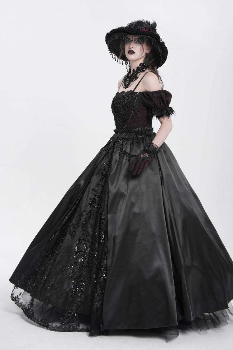 Black Off Shoulder Short Sleeves Jacquard Cardigan Stitching Lace Women's Gothic Dress - Product - 4