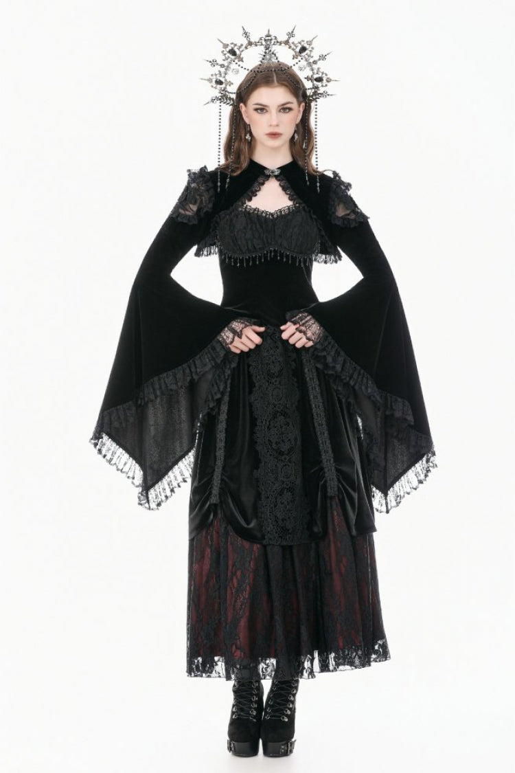 Black Ruffled Lace Long Trumpet Sleeves Floral Sheer Mesh Spliced Velvet Women's Gothic Cape - Product - 7