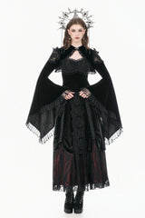 Black Ruffled Lace Long Trumpet Sleeves Floral Sheer Mesh Spliced Velvet Women's Gothic Cape - Product - 7