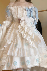White Boat Neck Multi-layer Ruffle Hanayome Bowknot Sweet Princess Lolita Strapless Dress - Product - 9