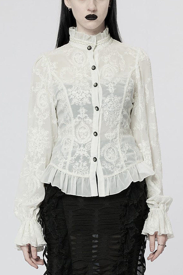 Stand Collar Long Puff Sleeves Embroidery Womens Gothic Blouse 2 Colors - White - 2