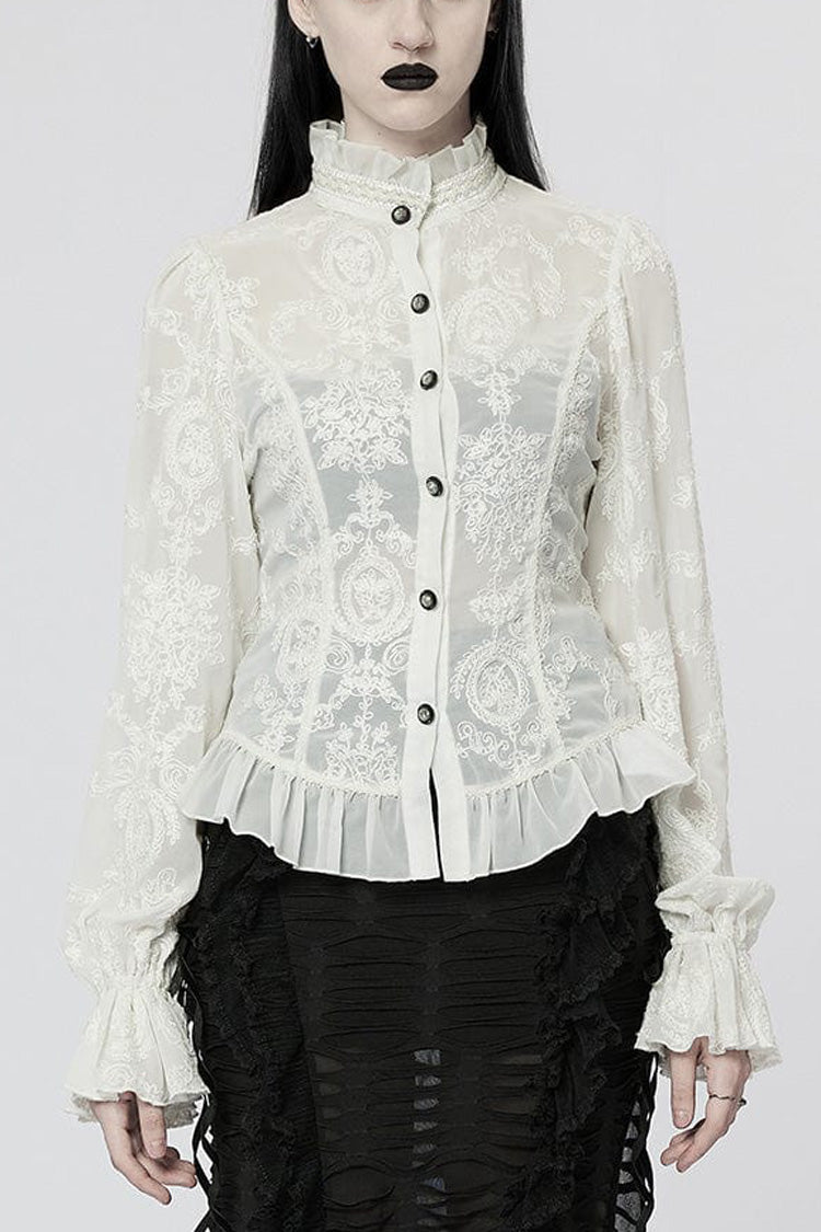 Stand Collar Long Puff Sleeves Embroidery Womens Gothic Blouse 2 Colors - White - 2