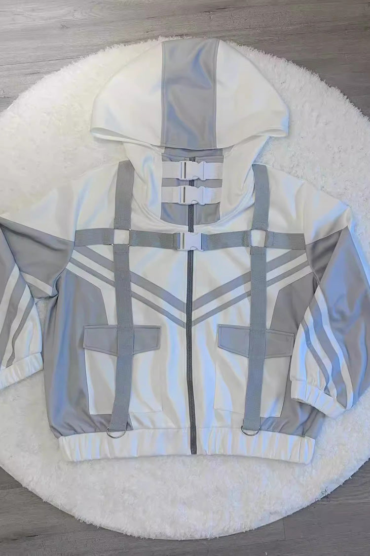 White/Grey Cyberpunk Functional Style Long Sleeves Hooded Jirai Kei Coat - Product - 5