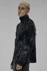 Black/Blue Punk Post Apocalyptic Turtleneck Tattered Tie Dye Print Lace Up Long Sleeve Men's T-Shirt - Product - 2