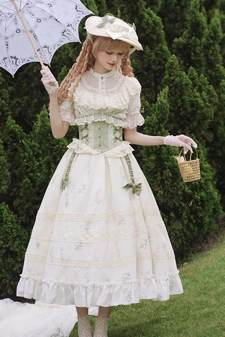 White/Green Letters and Poems to Austen Short Sleeves Print Hollow Lace Sweet Elegant Lolita Dress - Product - 3