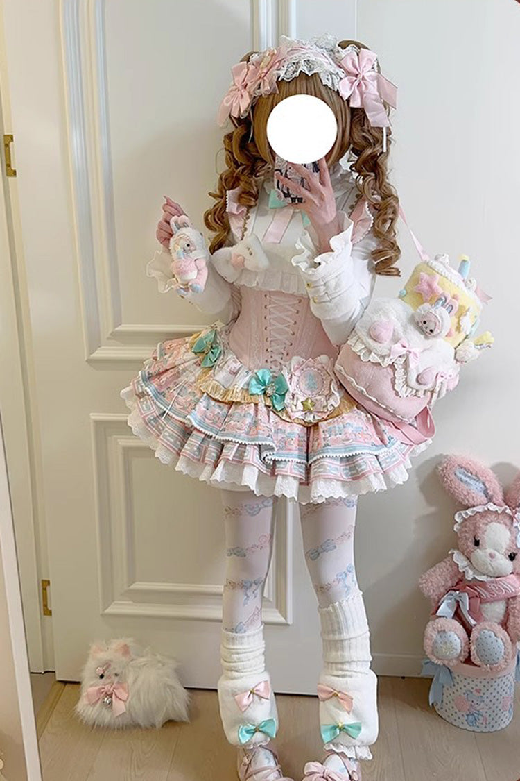 Pink [Candy House] Multi-Layered Print Ruffle Bowknot Lace-Up Sweet Ballet Lolita Jsk Dress - Product - 12