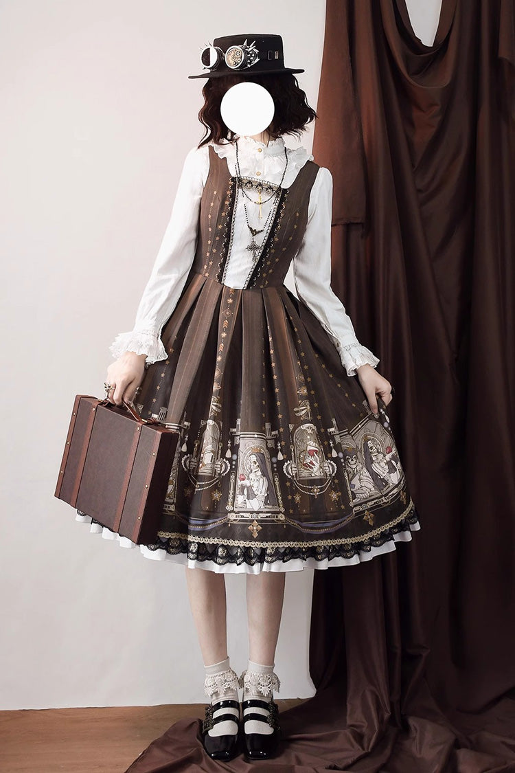 Demon Hunting Notes Print Ruffle Sweet Elegant Lolita Jumper Dress 2 Colors - Brown - 19