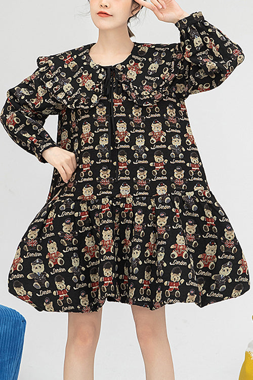 Black Doll Collar Bear Print Puff Sleeves Ruffled Sweet Lolita OP Dress - Black - 1