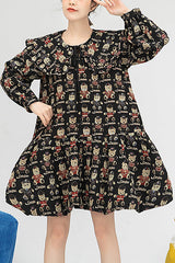 Black Doll Collar Bear Print Puff Sleeves Ruffled Sweet Lolita OP Dress - Black - 1