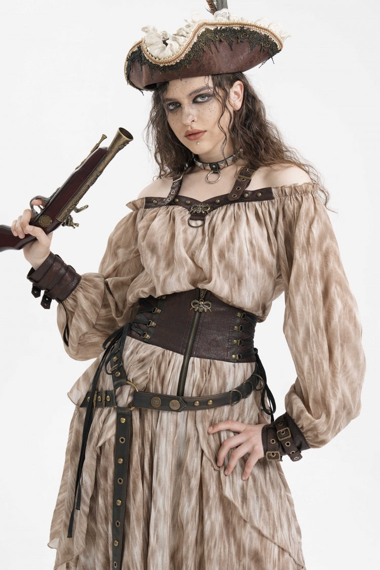 Apricot Buckle-up Halterneck Long Sleeves Women's Gothic Blouse - Product - 11