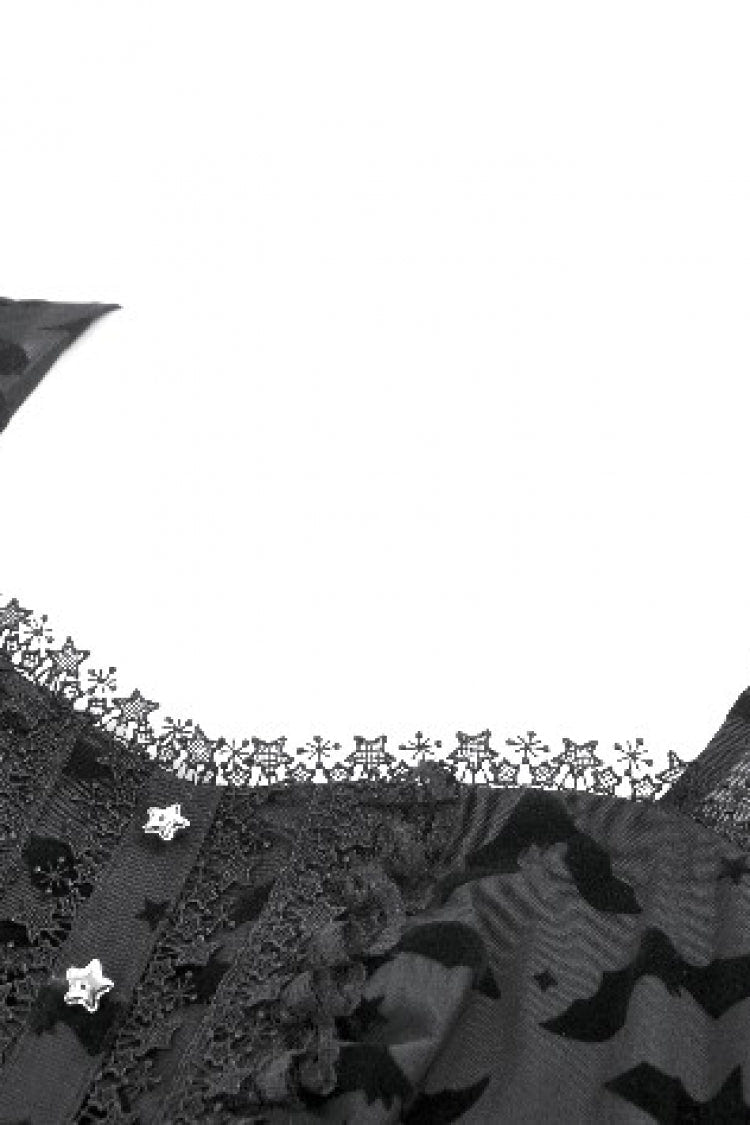 Black Square Collar Long Trumpet Sleeves Bat Printed Lace Irregular Hem Women's Gothic Dress - Product - 12