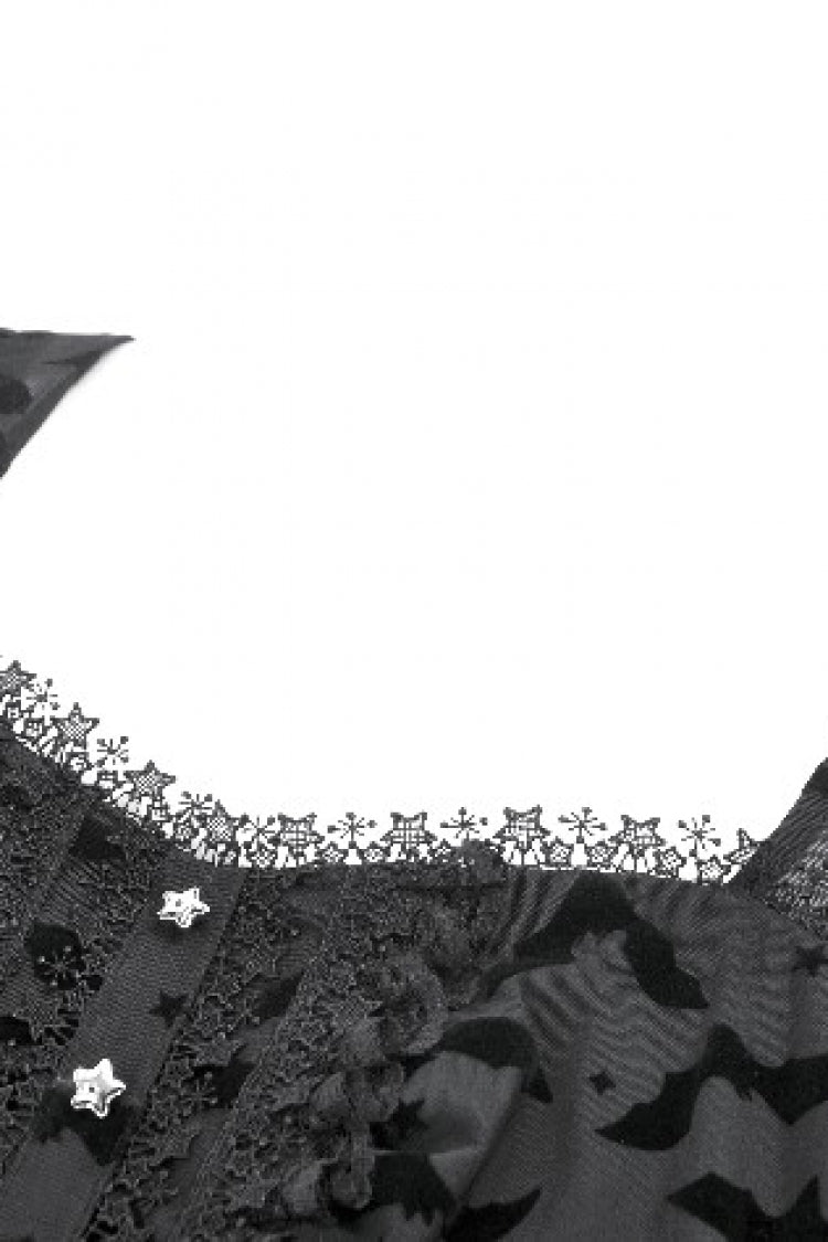 Black Square Collar Long Trumpet Sleeves Bat Printed Lace Irregular Hem Women's Gothic Dress - Product - 12