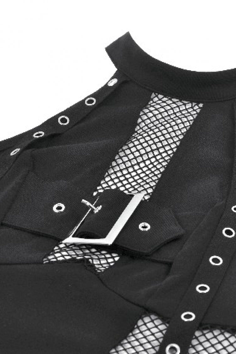 Black Off Shoulder Halterneck Sleeveless Mesh Eyelet Strap Women's Punk Top - Product - 11
