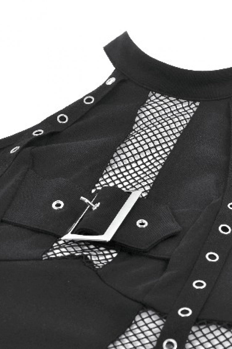 Black Off Shoulder Halterneck Sleeveless Mesh Eyelet Strap Women's Punk Top - Product - 11