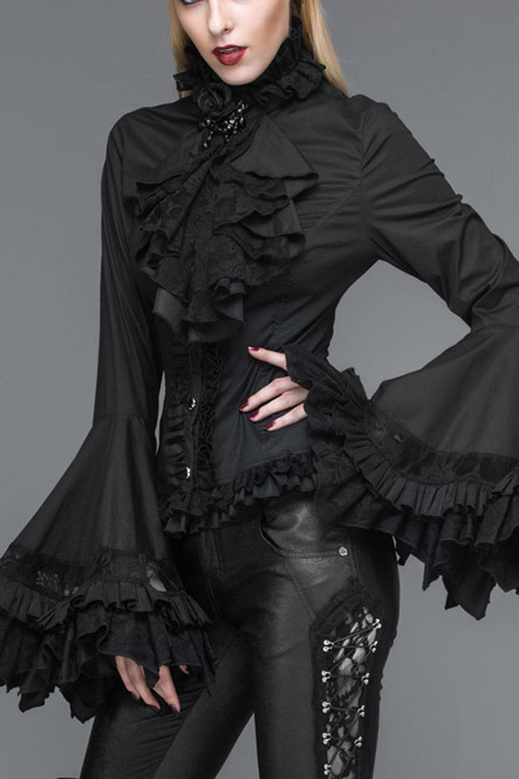 Black Vintage Ruffled With Trumpet Sleeves Women's Punk Blouses - Black - 1