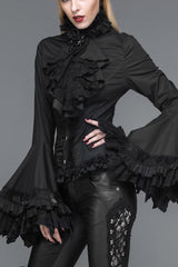Black Vintage Ruffled With Trumpet Sleeves Women's Punk Blouses - Black - 1