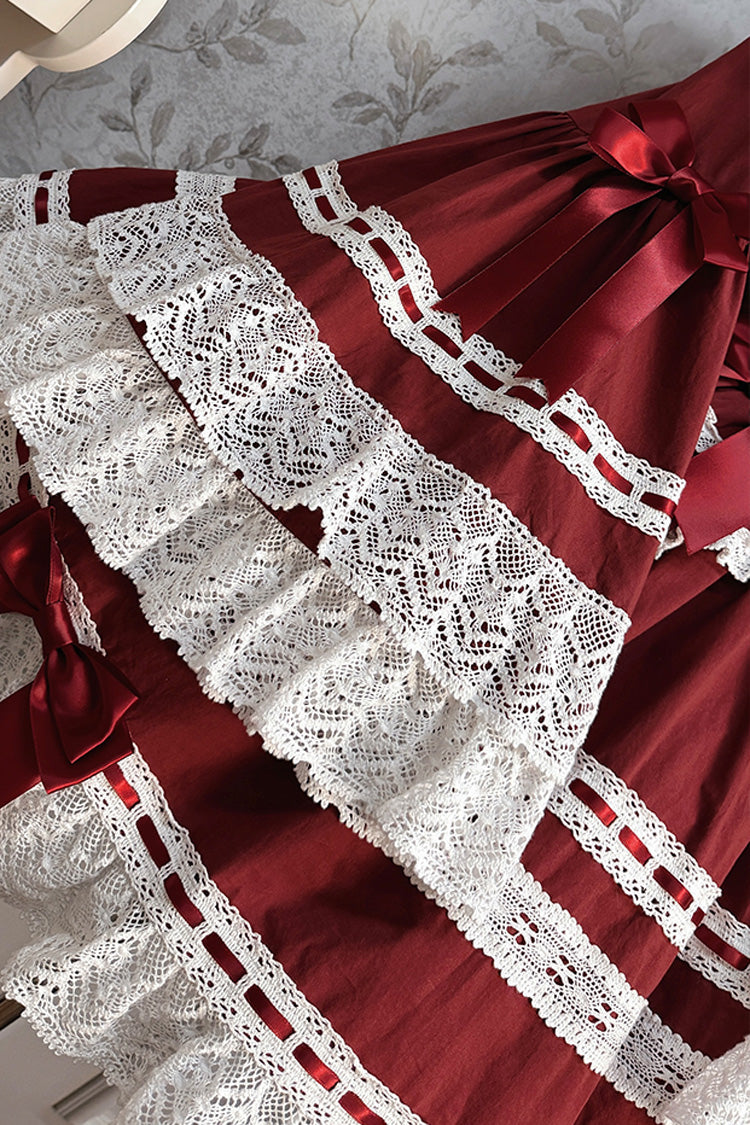 Wine Red [Rabbit Sleeping Doll] Long Trumpet Sleeves Ruffle Bowknot Lace Sweet Lolita Dress - Product - 10
