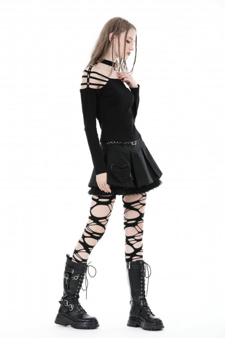 Black Off Shoulder Long Sleeves Cut-Out Buckled Women's Punk Blouse - Product - 8