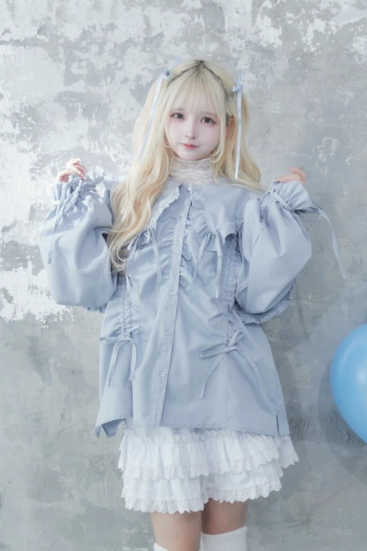 Doll Collar Long Sleeves Ruffle Bowknot Sweet Jirai Kei Japanese Blouse 3 Colors - Product - 17