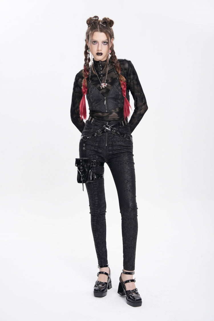 Black Print Buckle Straps Women's Punk Pants with Leg Bag - Product - 11