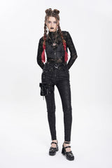 Black Print Buckle Straps Women's Punk Pants with Leg Bag - Product - 11