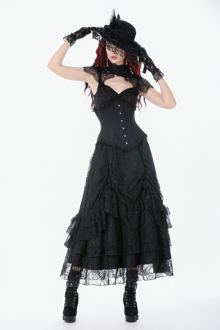 Black Sleeveless Lace Irregular Lace-Up Women's Gothic Underbust Corset - Product - 7