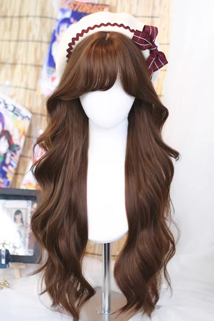 Chestnut Brown Statement Bangs Long Curls Sweet Lolita Wig - Chestnut-Brown - 1