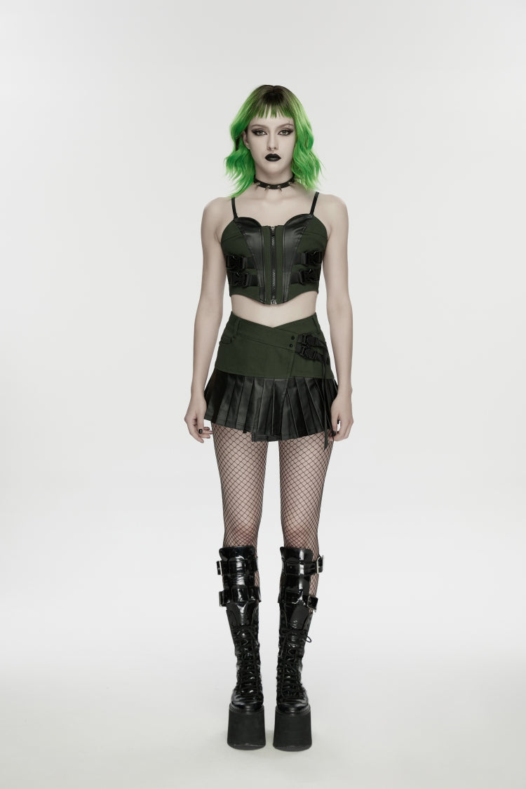 Black/Green Spliced Lace Lace-Up Slim Color-Blocked Zippered Women's Punk Cool Corset - Product - 2