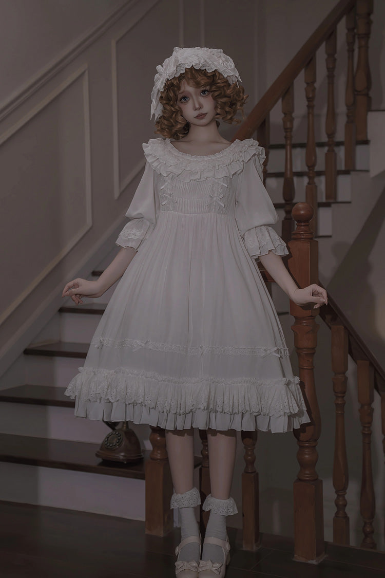 White [Good Morning] Short Sleeves Ruffle Bowknot Lace-Up Gothic Lolita Dress - White - 1