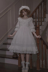 White [Good Morning] Short Sleeves Ruffle Bowknot Lace-Up Gothic Lolita Dress - White - 1