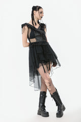 Black V Collar Sleeveless Multi-Layered Ruffled Sheer Mesh Women's Punk Dress - Product - 9