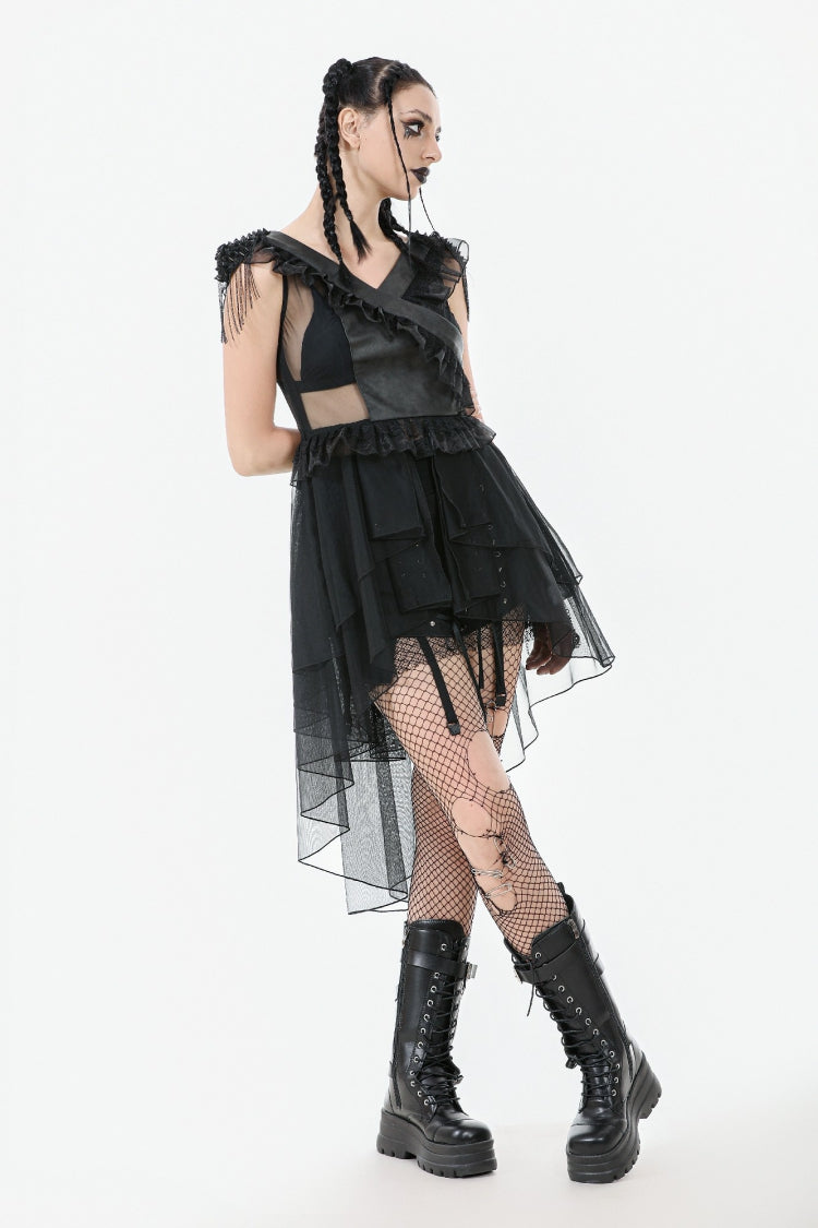 Black V Collar Sleeveless Multi-Layered Ruffled Sheer Mesh Women's Punk Dress - Product - 9