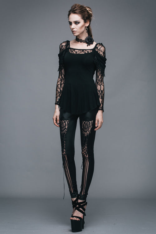 Black Rose Lace Long Sleeves Modal Womens Gothic T-Shirt - Product - 7