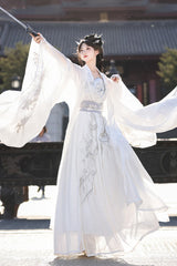 White [Silver Moon] High Waisted Embroidered Women's Classic Hanfu Dress Full Set - Product - 4