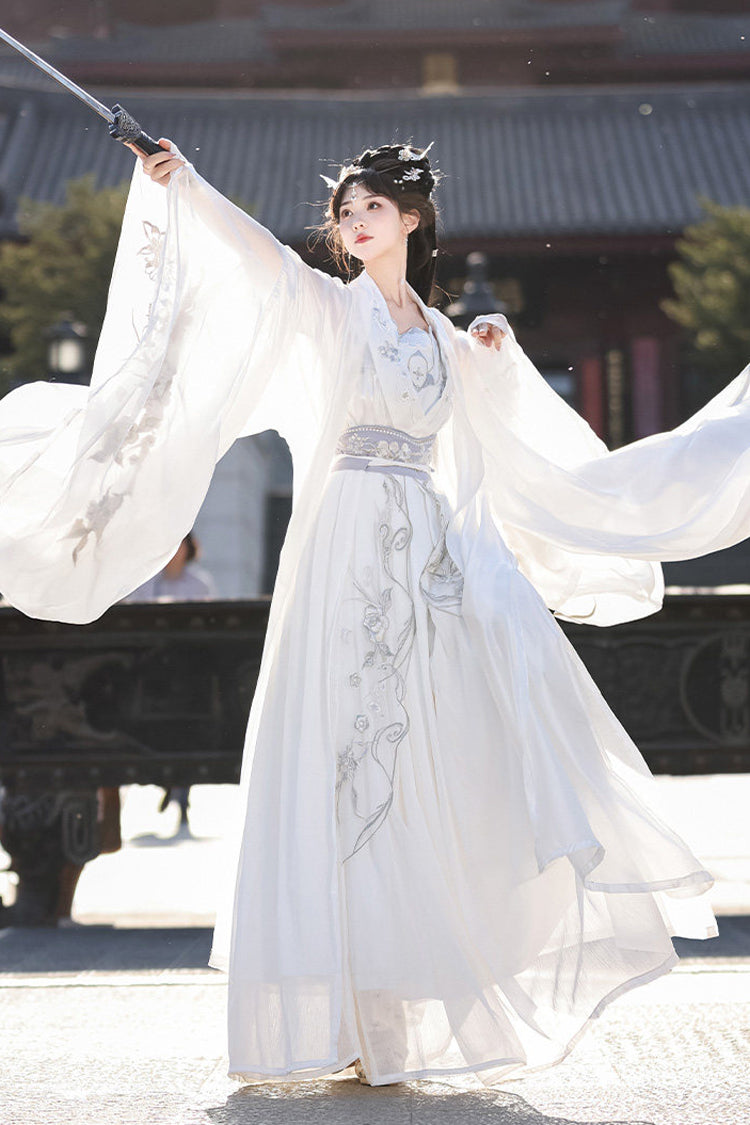 White [Silver Moon] High Waisted Embroidered Women's Classic Hanfu Dress Full Set - Product - 4