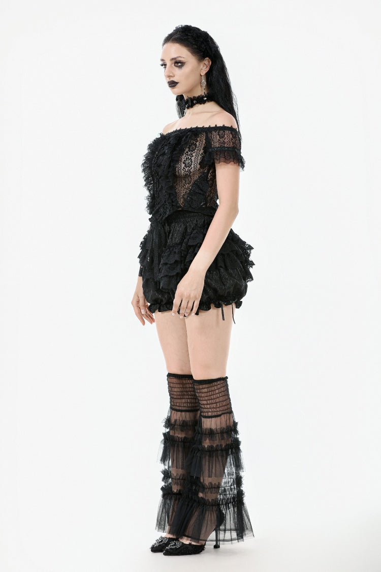 Black Women's Lolita Gothic Embroidered Flower Multilayered Lace Trim Lantern Shorts - Product - 10