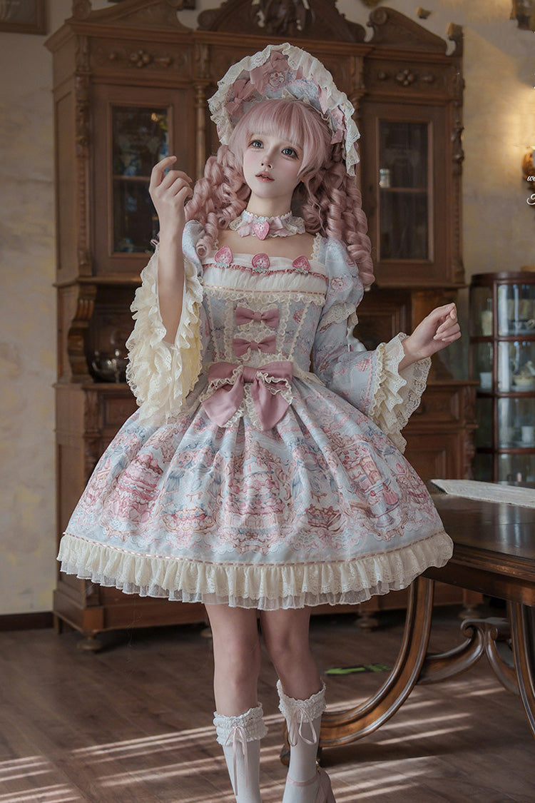 Blue/Pink [Victoria Cake] Square Collar Long Trumpet Sleeves Jacquard Printed Ruffled Bow Lace Sweet Lolita Dress - Product - 2